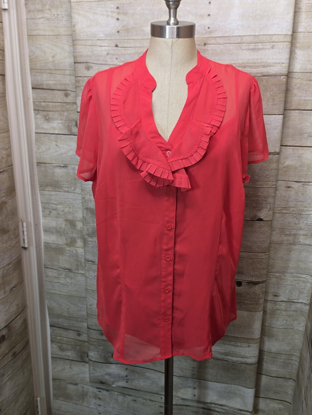 East 5th Coral Ruffle V-Neck Button Front Sheer Blouse
